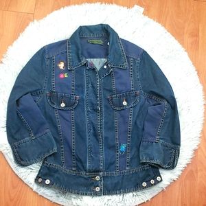 Oilily Denim Jean Embroidered Jacket Size 34 (Women's 4 / XS) Cotton Linen Blend